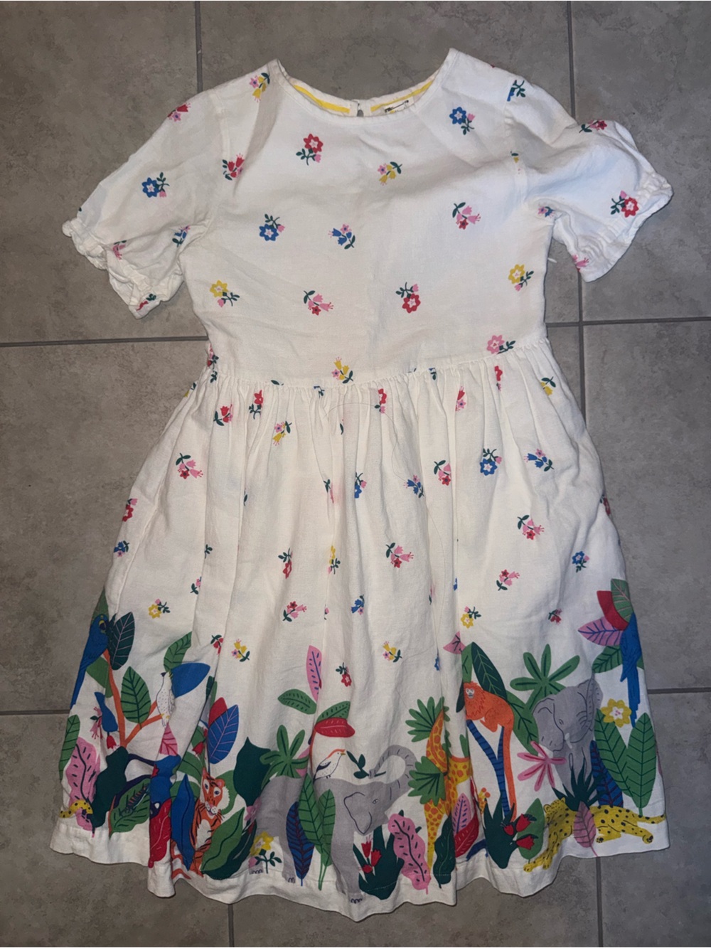Mini Boden White Dress with Multicolor Jungle Hem